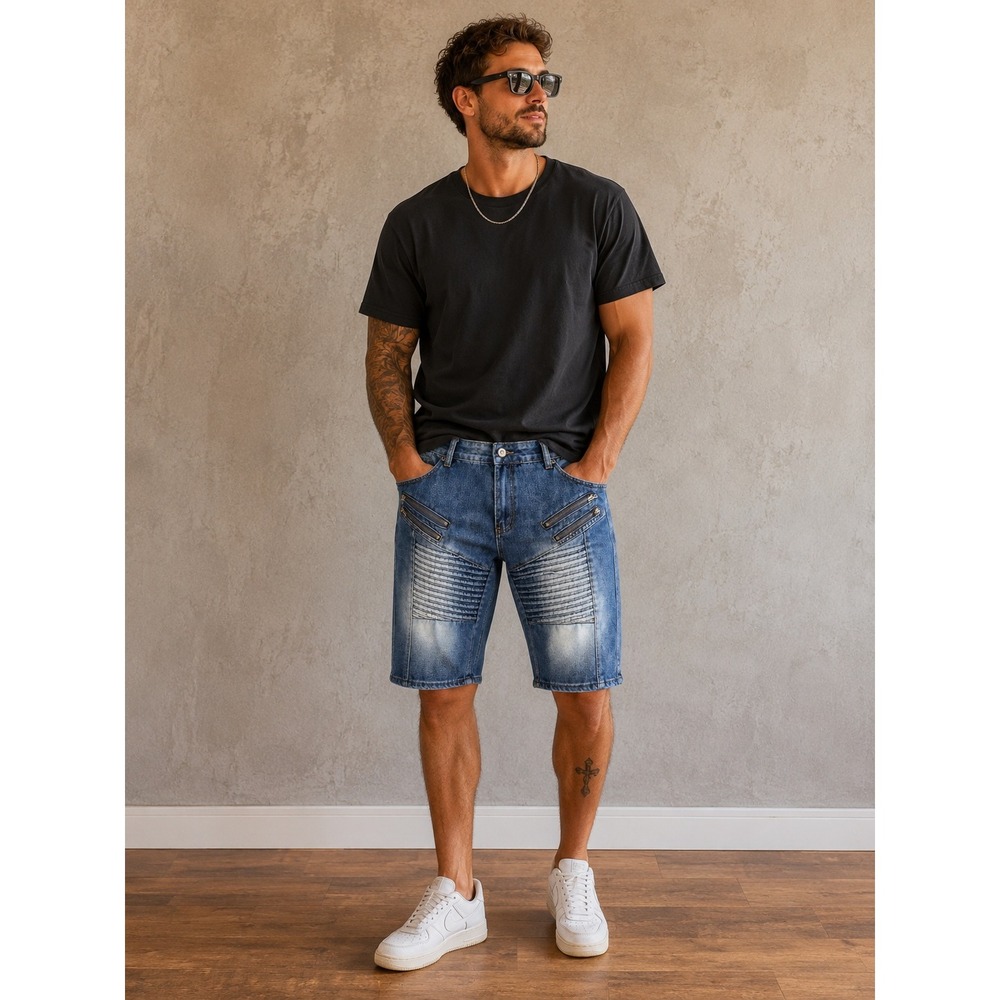 Trill Nation Mens Blue Biker Moto Denim Shorts Sz 36 Ribbed skater edgy gorpcore